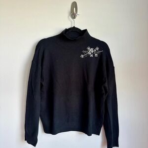 French Connection Sweater‎ Womens Small Black Beaded Embroidered Mock Neck NWT